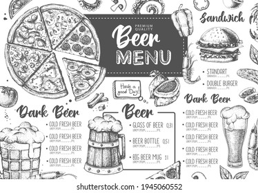 Restaurant beer menu design. Decorative sketch of beer and seafood snack. Fast food menu