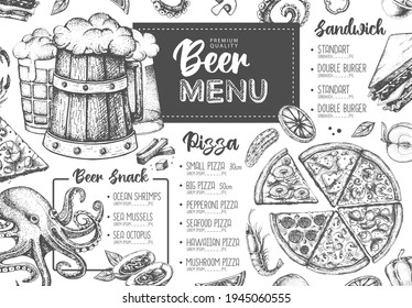 El diseño de la carta de cerveza del restaurante. Esbozo decorativo de tentempiés de cerveza y marisco. Menú de comida rápida