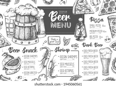 Restaurant beer menu design. Decorative sketch of beer and seafood snack. Fast food menu