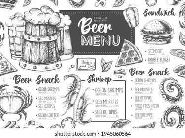 Restaurant beer menu design. Decorative sketch of beer and seafood snack. Fast food menu