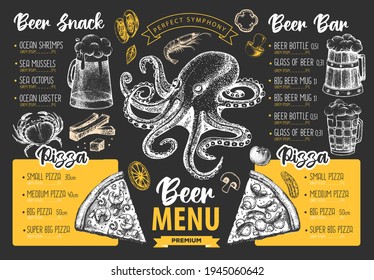 Restaurant beer menu design. Decorative sketch of beer and seafood snack. Fast food menu