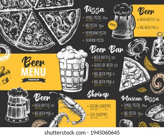 Restaurant beer menu design. Decorative sketch of beer and seafood snack. Fast food menu