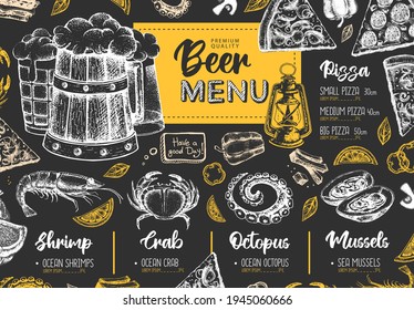 Restaurant beer menu design. Decorative sketch of beer and seafood snack. Fast food menu