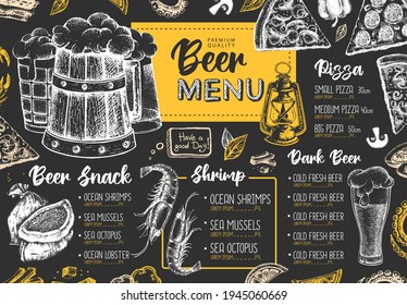 Restaurant beer menu design. Decorative sketch of beer and seafood snack. Fast food menu