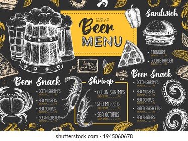 Restaurant beer menu design. Decorative sketch of beer and seafood snack. Fast food menu