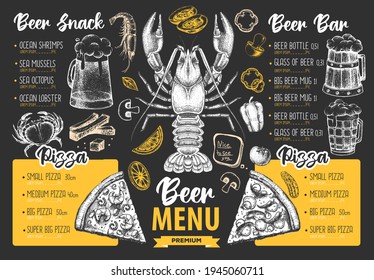 Restaurant beer menu design. Decorative sketch of beer and seafood snack. Fast food menu