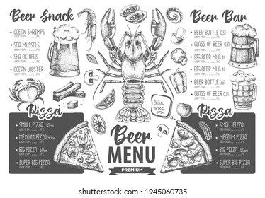 Restaurant beer menu design. Decorative sketch of beer and seafood snack. Fast food menu