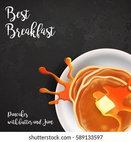 Restaurant Best Breakfasts vintage style menu poster with Pancakes on Plate, Butter and Jam, Honey. Vector illustration