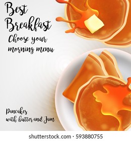 Restaurant Best Breakfasts vintage style menu poster with Pancakes on Plate, Butter and Jam, Honey. Vector illustration