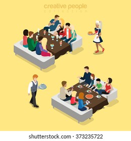 Restaurant Big Group Table Waiter Situations Flat 3d Isometry Isometric Food Meal Concept Web Vector Illustration. Young Friends Company Party Family Dinner. Creative People Collection.