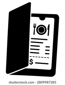 restaurant bill folder with an itemized receipt, plate and cutlery symbol, and payment total silhouette icon isolated on a white background.