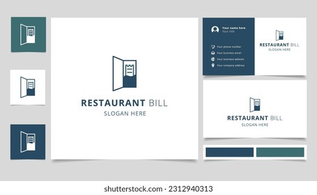 Diseño del logo del proyecto de ley de restaurante con un lema editable. Libro de promoción de marca y plantilla de tarjeta de visita.
