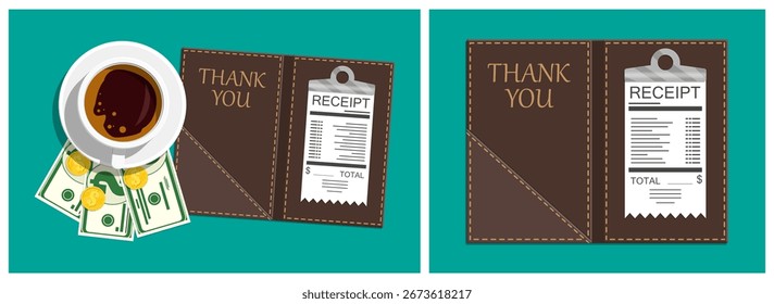 Restaurant bill payment with coffee cup, money and receipt inside a leather folder with thank you text. Payment for service in cafe.