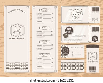 Restaurant, Bistro And Cafe Menu, Business Card, Tag And Gift Voucher Coupon  Design. Background And Elements. Can Be Used For Layout, Banner, Web Design, Brochure Template. Vector Illustration