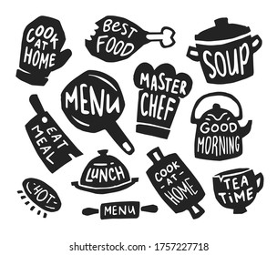 Restaurant and bistro flat icon set. Menu stickers, pot with text, and food logo emblems vector illustration collection. Kitchen, nutrition, lettering and calligraphy concept