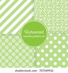 Restaurant or bistro theme. Lush green stripes, dots, cutlery and other shapes. Seamless vector pattern background set.