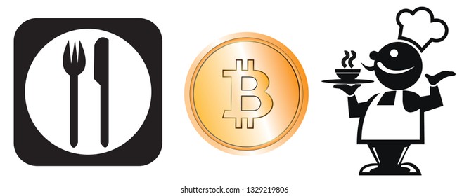 restaurant and  bitcoin logo pay option  - vector