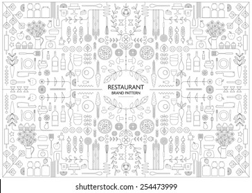 RESTAURANT BRANDING LINE ART PATTERN DESIGN TEMPLATE. Vector illustration file with editable graphic design elements: typography, dividers, frame, decorative elements, icons, symbols such as logo.