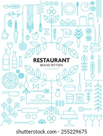 RESTAURANT BRANDING LINE PATTERN DESIGN TEMPLATE. Vector illustration file with editable graphic design elements: typography, dividers, frame, decorative elements, icons, symbols etc.