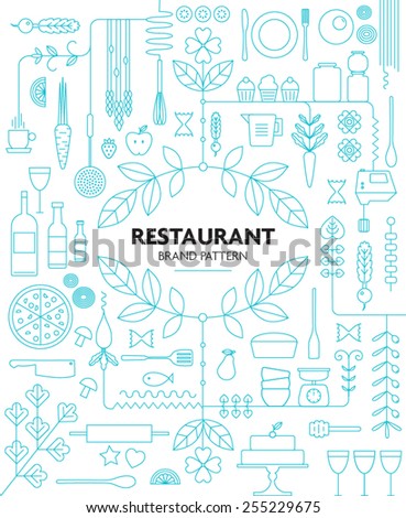 RESTAURANT BRANDING LINE PATTERN DESIGN TEMPLATE. Vector illustration file with editable graphic design elements: typography, dividers, frame, decorative elements, icons, symbols etc.