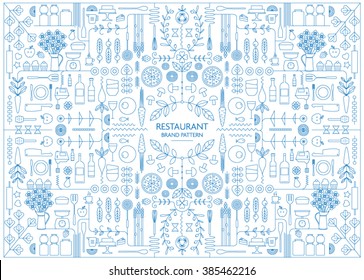 RESTAURANT BRANDING PATTERN DESIGN TEMPLATE. line art vector illustration file with editable graphic design elements: typography, dividers, frame, decorative elements, icons, and symbols.