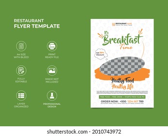 Restaurant Breakfast Flyer Template Design, A Platter Image Can Be Placed In The Middle. Yellow, White, Green Colors Used In The Template, Fully Editable, Professional Looking Design. Vector A4 Eps 10