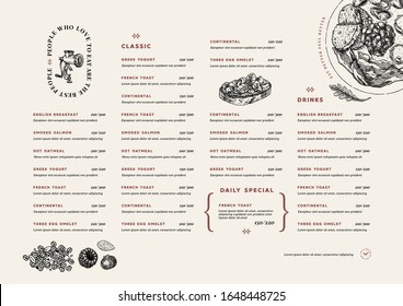 Restaurant breakfast menu template. Cafe identity. Minimalist style. Engraved illustrations. Vector illustration