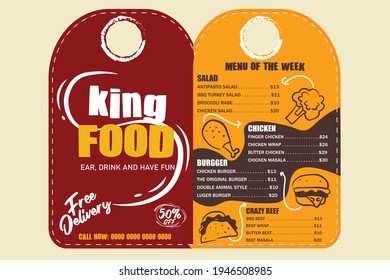 restaurant brochure with handle, menu design. Vector restaurant template with hand-drawn graphic. Food flyer.