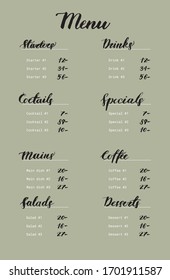 Restaurant brochure vector, menu design. Vector cafe template with hand-drawn graphic. Starters, cocktails, drinks, specials, mains, salads, desserts. Food flyer design layout with lettering. 