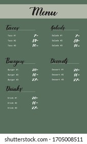 Catálogo de restauración vectorial, diseño de menú. Plantilla vectorial de café con gráfico dibujado a mano. Tacos, bebidas, hamburguesas, ensaladas y postres. Diseño del folleto con letras.