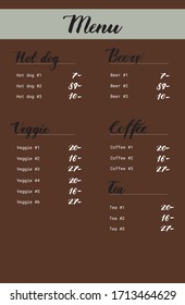 Restaurant brochure vector, menu design. Vector cafe template with hand-drawn words. Veggie, hot dogs, beers, tea, coffee. Food flyer design layout with lettering.