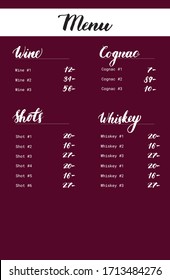 Restaurant brochure vector, menu design. Vector bar template with hand-drawn words. Wine, cognac, shots, whiskey. Food flyer design layout with lettering.