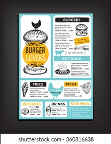 Restaurant brochure vector, menu design. Vector cafe template with hand-drawn graphic. Food flyer.