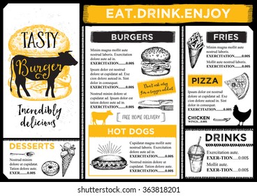 Restaurant brochure vector, menu design. Vector cafe template with hand-drawn graphic. Food flyer.