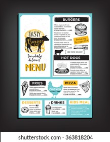 Restaurant brochure vector, menu design. Vector cafe template with hand-drawn graphic. Food flyer.