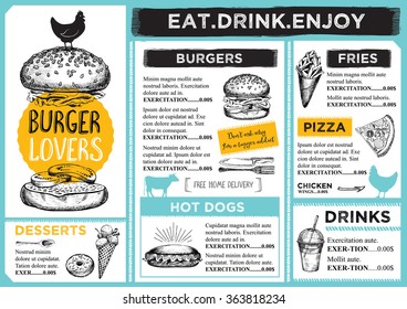 Restaurant Brochure Vector, Menu Design. Vector Cafe Template With Hand-drawn Graphic. Food Flyer.