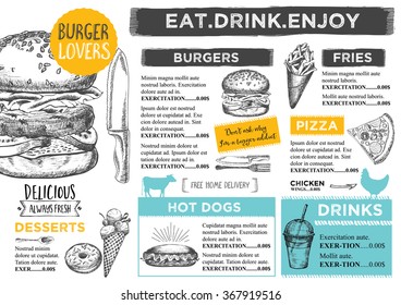 Restaurant Brochure Vector, Menu Design. Vector Cafe Template With Hand-drawn Graphic. Food Flyer.