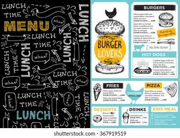 Restaurant brochure vector, menu design. Vector cafe template with hand-drawn graphic. Food flyer.