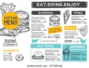 Restaurant brochure vector, menu design. Vector cafe template with hand-drawn graphic. Food flyer.