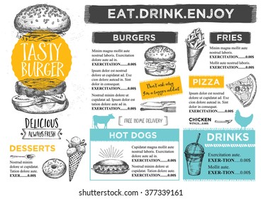 Restaurant brochure vector, menu design. Vector cafe template with hand-drawn graphic. Food flyer.