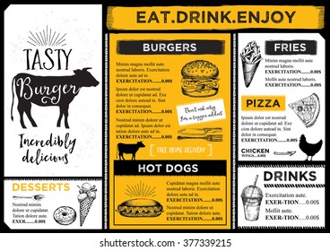Restaurant brochure vector, menu design. Vector cafe template with hand-drawn graphic. Food flyer.