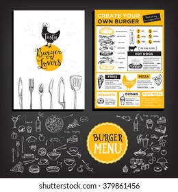 Restaurant brochure vector, menu design. Vector cafe template with hand-drawn graphic. Food flyer.