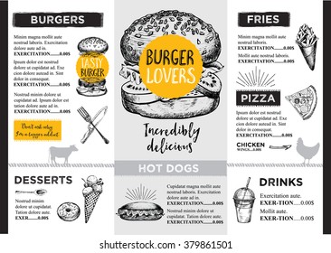 Restaurant brochure vector, menu design. Vector cafe template with hand-drawn graphic. Food flyer.