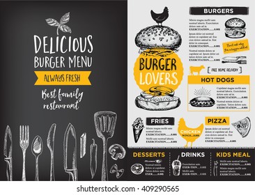 Restaurant brochure vector, menu design. Vector cafe template with hand-drawn graphic. Food flyer.