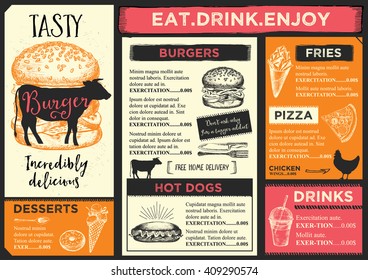 Restaurant brochure vector, menu design. Vector cafe template with hand-drawn graphic. Food flyer.