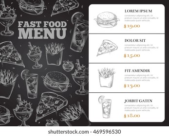 Restaurant brochure vector menu design with hand-drawn fast food. Burger lunch and breakfast, sandwich and pizza illustration