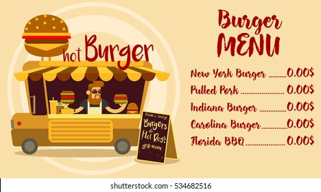 Restaurant brochure vector, menu design. Food flyer.  Fast food truck. A car with a big Burger.