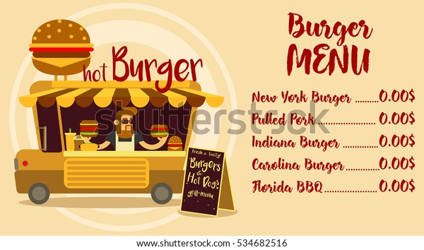 Restaurant brochure vector, menu\
design. Food flyer.  Fast food truck. A car with a big\
Burger.