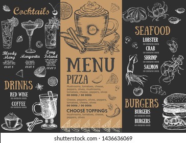 Menú vectorial del folleto del restaurante, diseño de plantilla. Volante de comida.