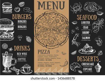 Menú vectorial del folleto del restaurante, diseño de plantilla. Volante de comida.